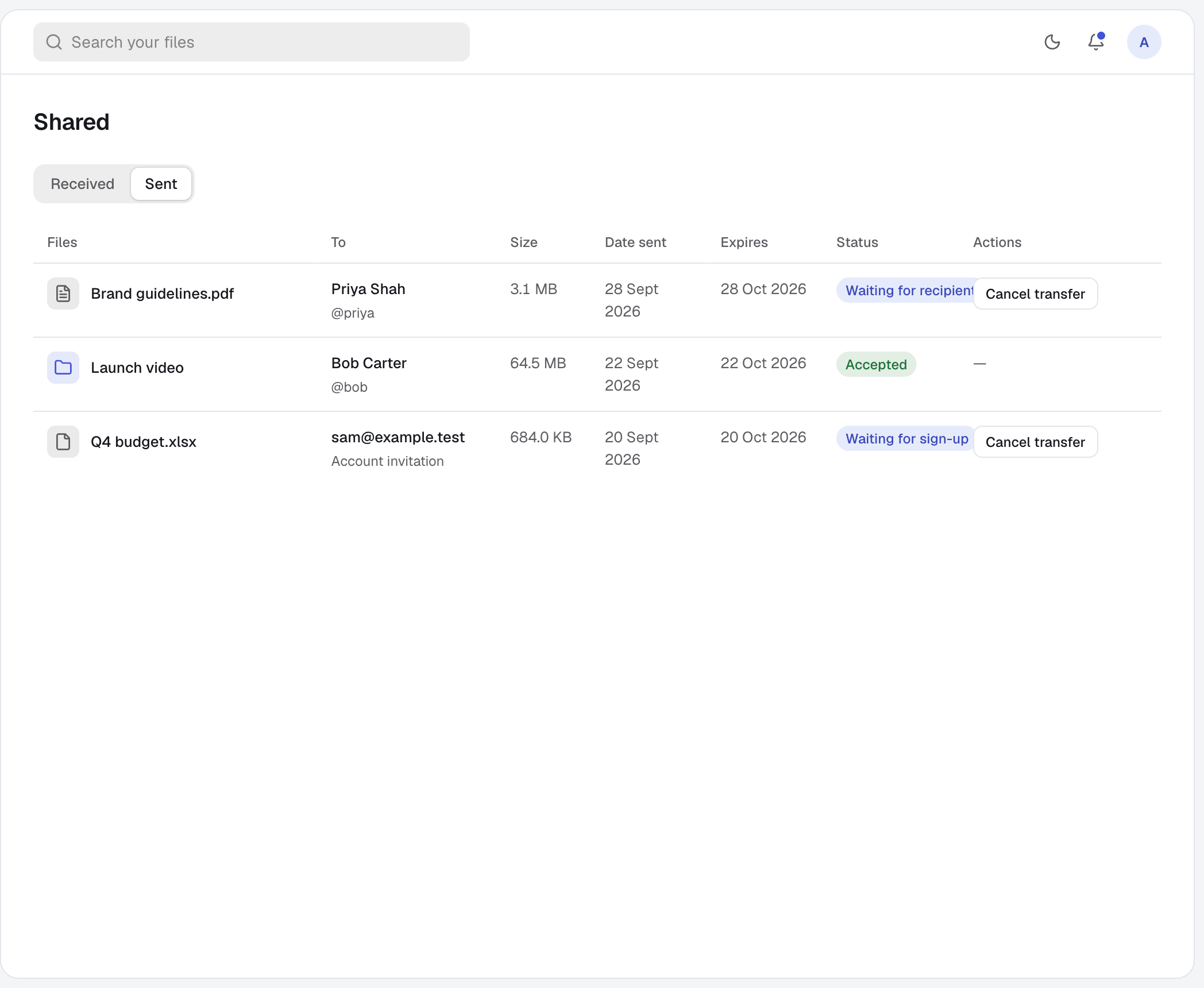 The Sent tab listing three transfers with their recipients and status